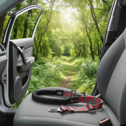 Ceinture de sécurité extensible pour chien installée sur un siège de voiture avant un trajet.