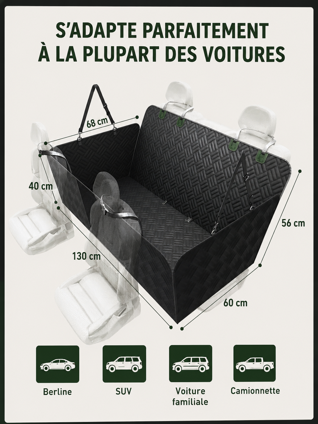 Dimensions de la housse de protection voiture pour chien compatible avec la plupart des véhicules