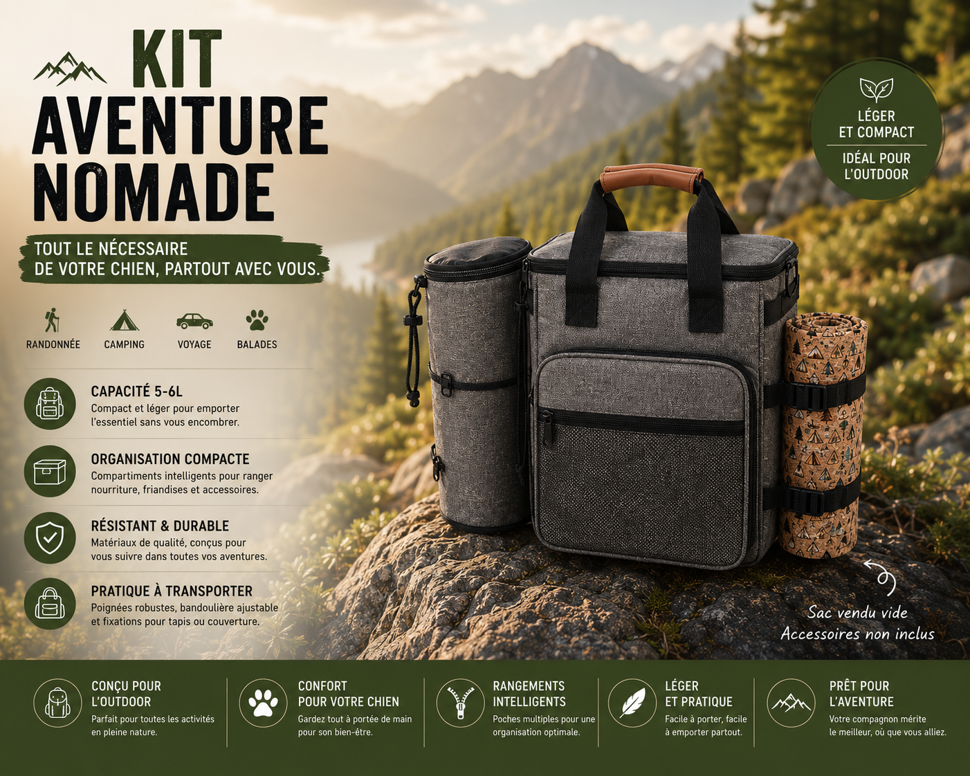 Caractéristiques du sac de randonnées, léger et pratique avec différents rangements et compartiments avec une capacité de 5-6L.