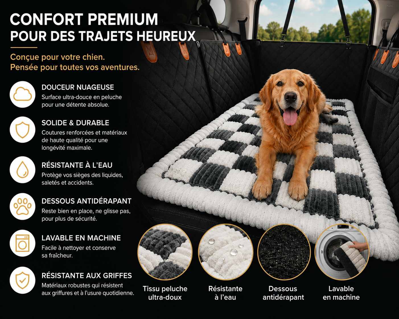 Caractéristiques du plaid de protection pour banquette arrière de voiture pour chien : tissu doux, résistant à l’eau, antidérapant et lavable