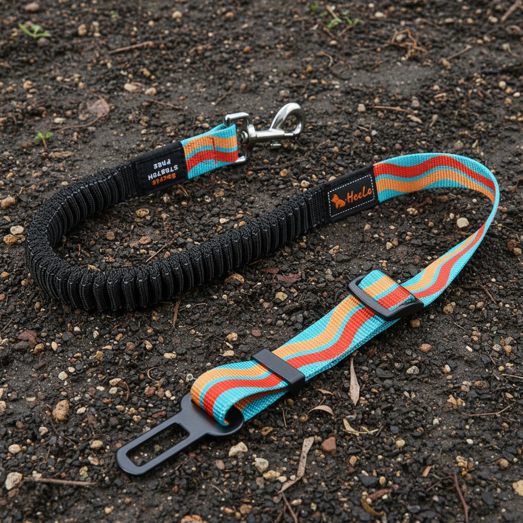 Ceinture de sécurité extensible bleu rayée orange pour chien avec mousqueton renforcé.