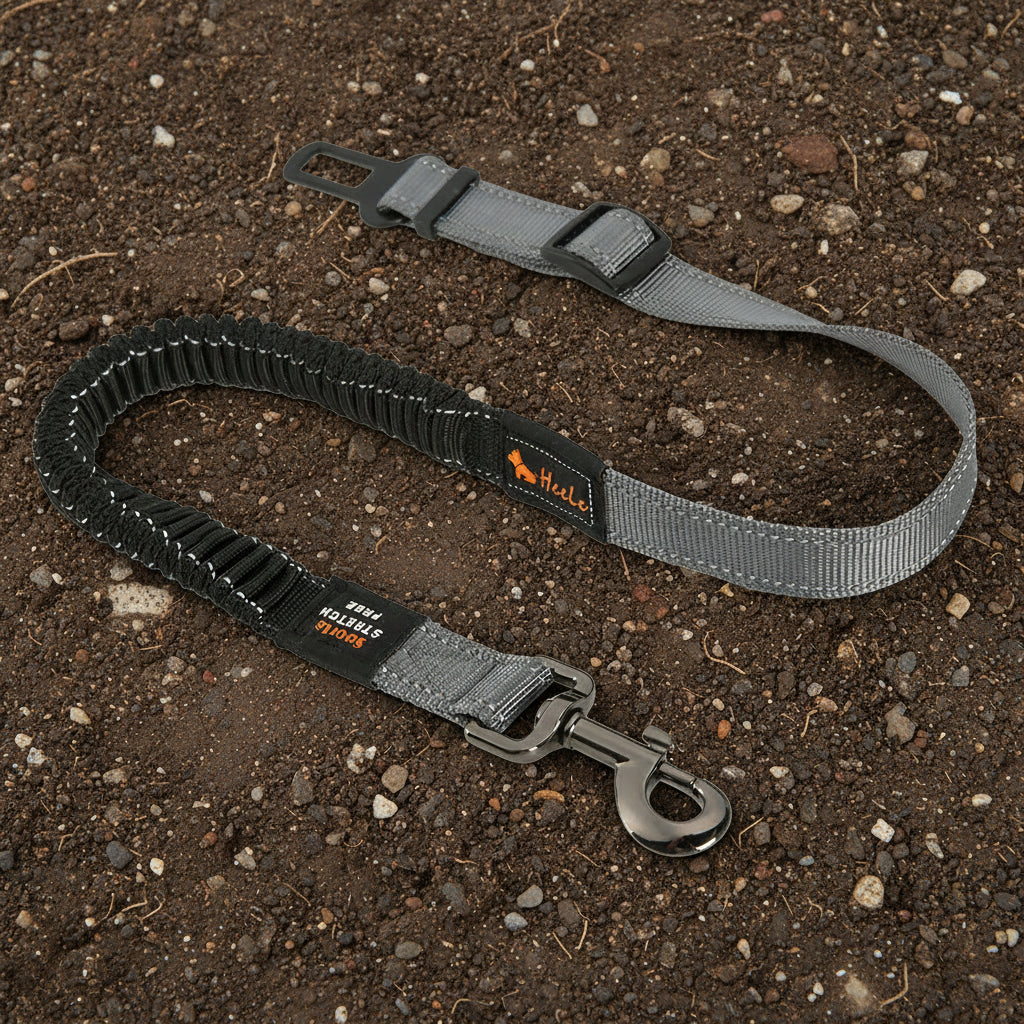 Ceinture de sécurité extensible pour chien grise compatible avec tous les véhicules.