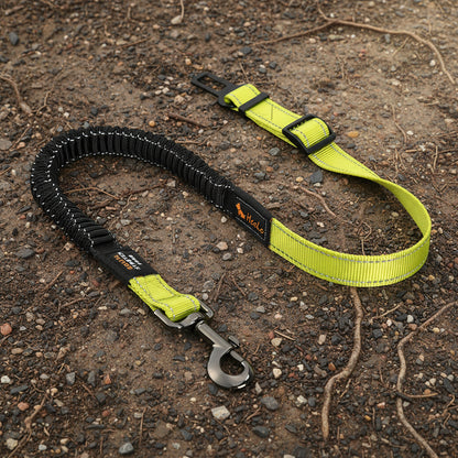 Ceinture de sécurité extensible jaune fluo pour chien avec sangle élastique anti-choc.