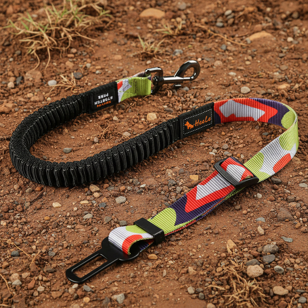 Ceinture de sécurité extensible camouflage multicolore pour chien avec sangle réglable et mousqueton en métal.