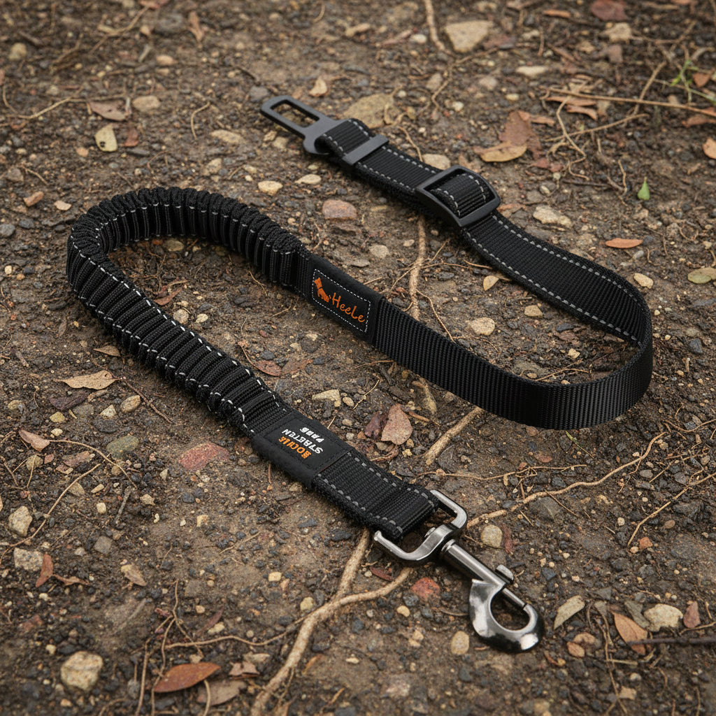 Ceinture de sécurité noire extensible pour chien avec absorbeur de chocs et attache universelle.