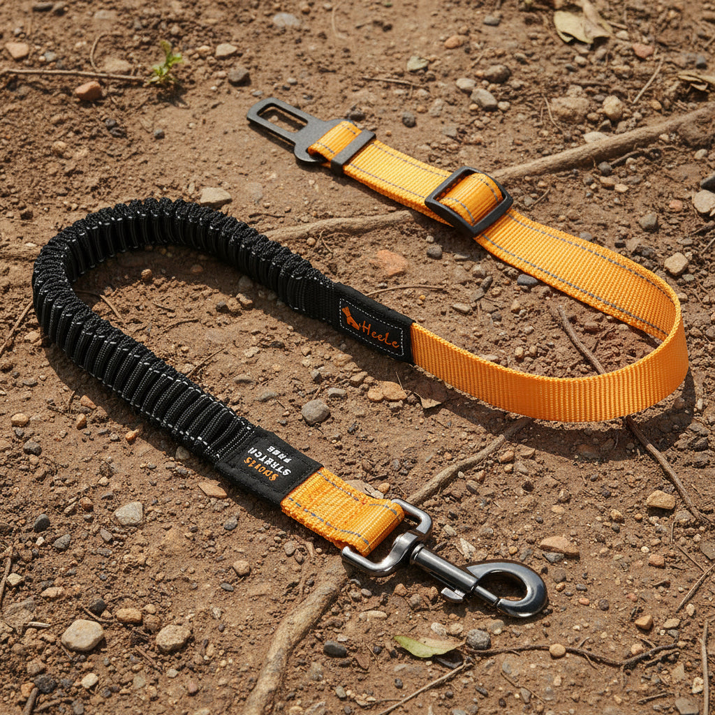 Ceinture de sécurité extensible orange pour chien avec fixation universelle pour voiture.