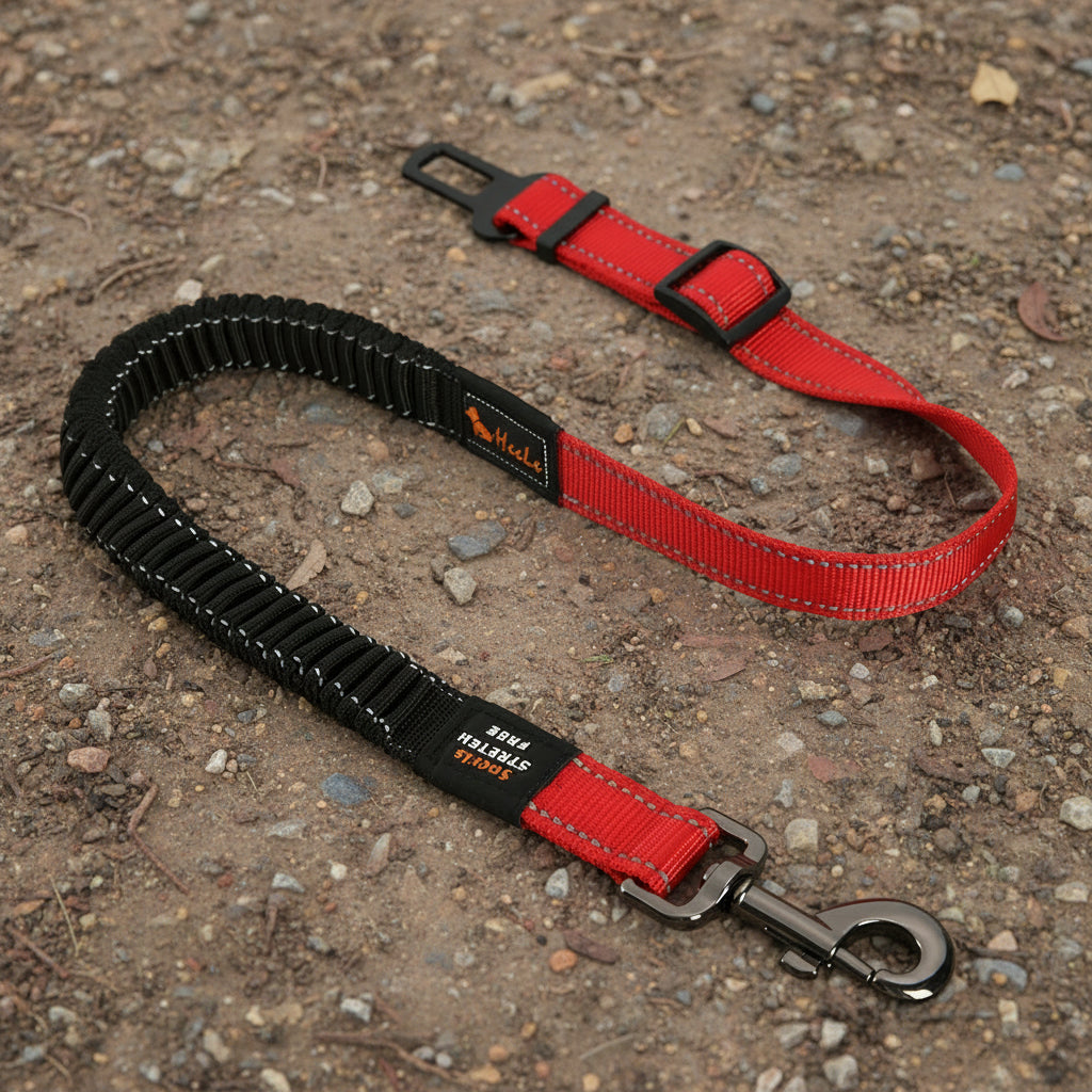 Ceinture de sécurité rouge pour chien réglable et compatible avec tous véhicules.