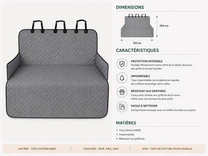 Dimensions et caractéristiques de la housse de coffre imperméable KAIRO Pets en tissu Oxford 600D résistant aux griffures et facile à nettoyer.