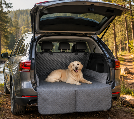 Housse de coffre imperméable KAIRO Pets grise installée dans un SUV avec un chien, offrant une protection contre les poils, la boue et les griffures.
