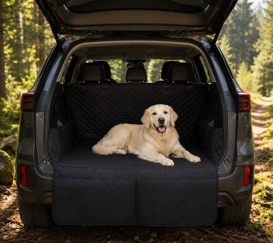 Housse de coffre imperméable KAIRO Pets noire installée dans un SUV avec un chien, protégeant le coffre des poils, de la boue et des griffures.