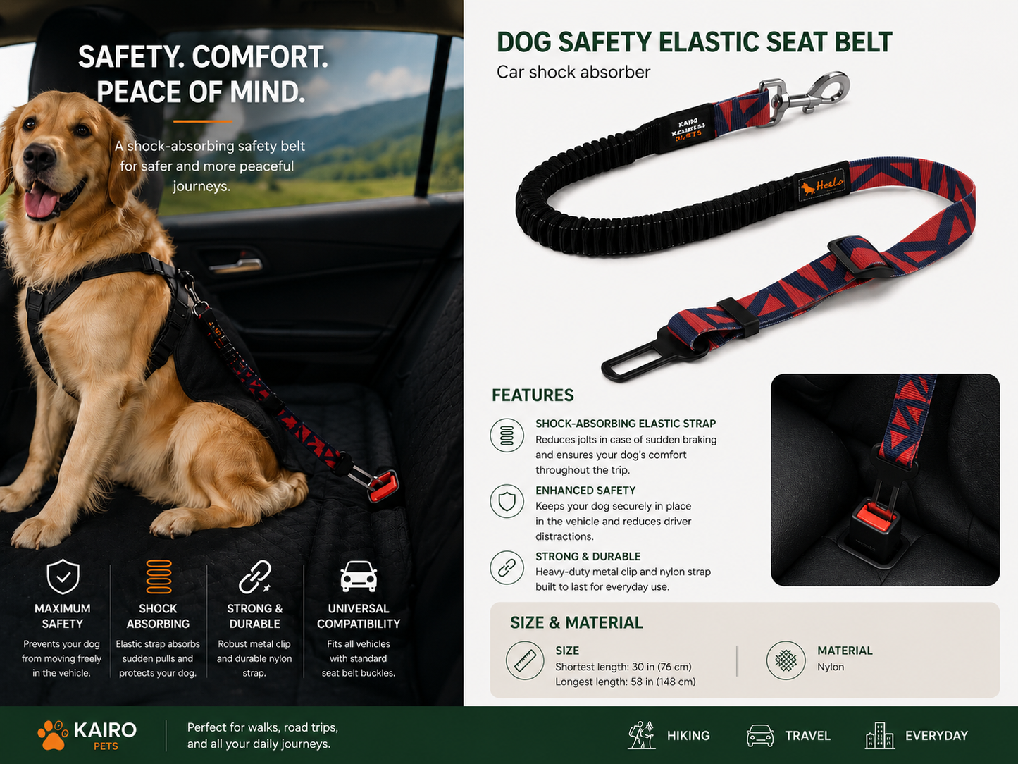 Ceinture de sécurité extensible pour chien – Compatible Tous Véhicules