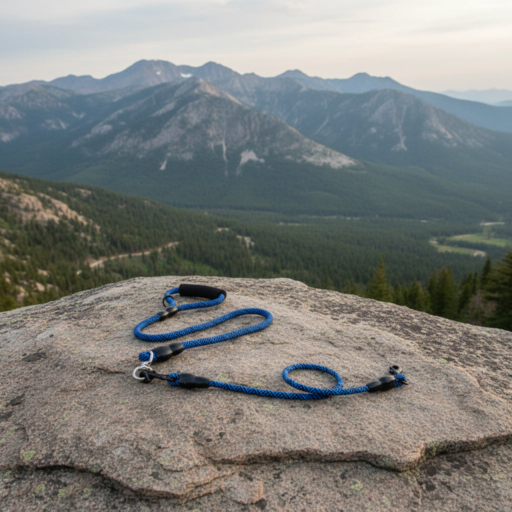 Laisse multi chiens bleue avec système anti-enchevêtrement pour balades en montagne.