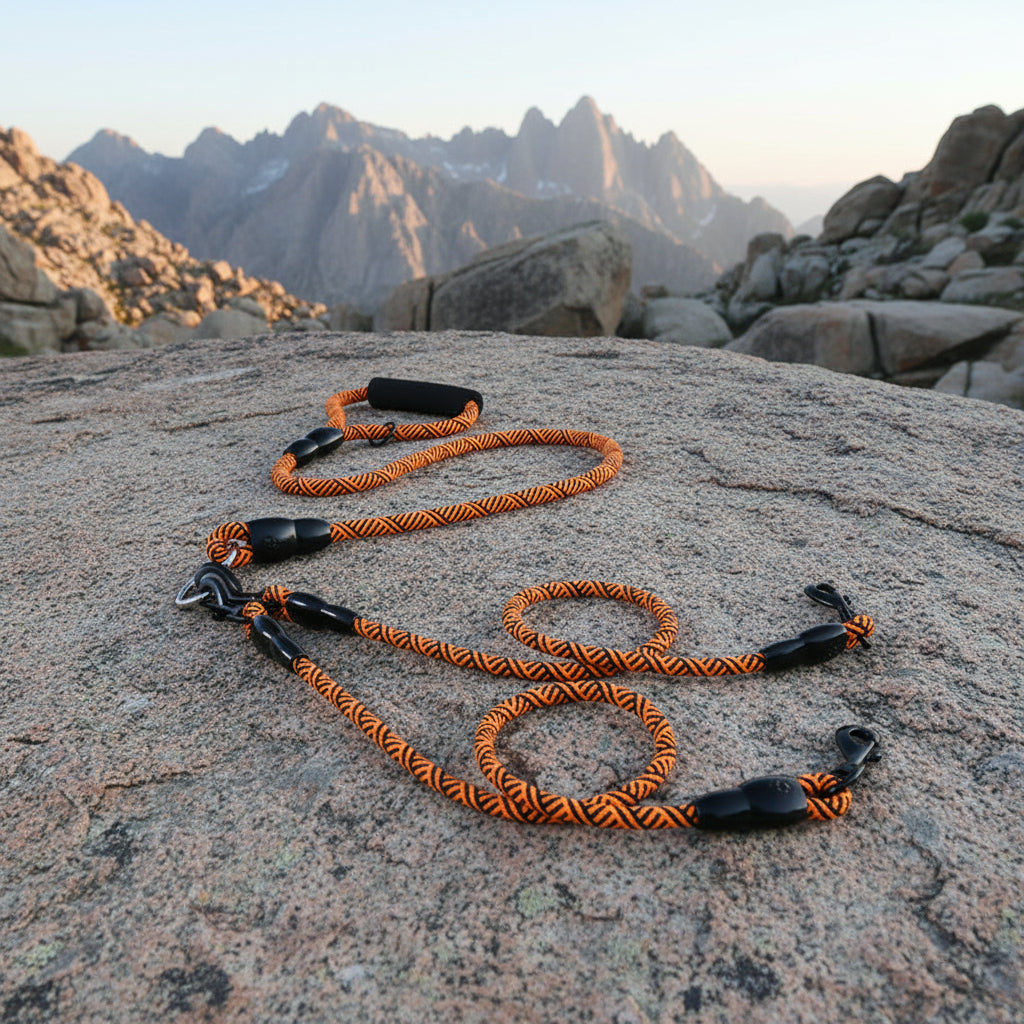 Laisse multi chiens orange fluo résistante pour la randonnée et les promenades.