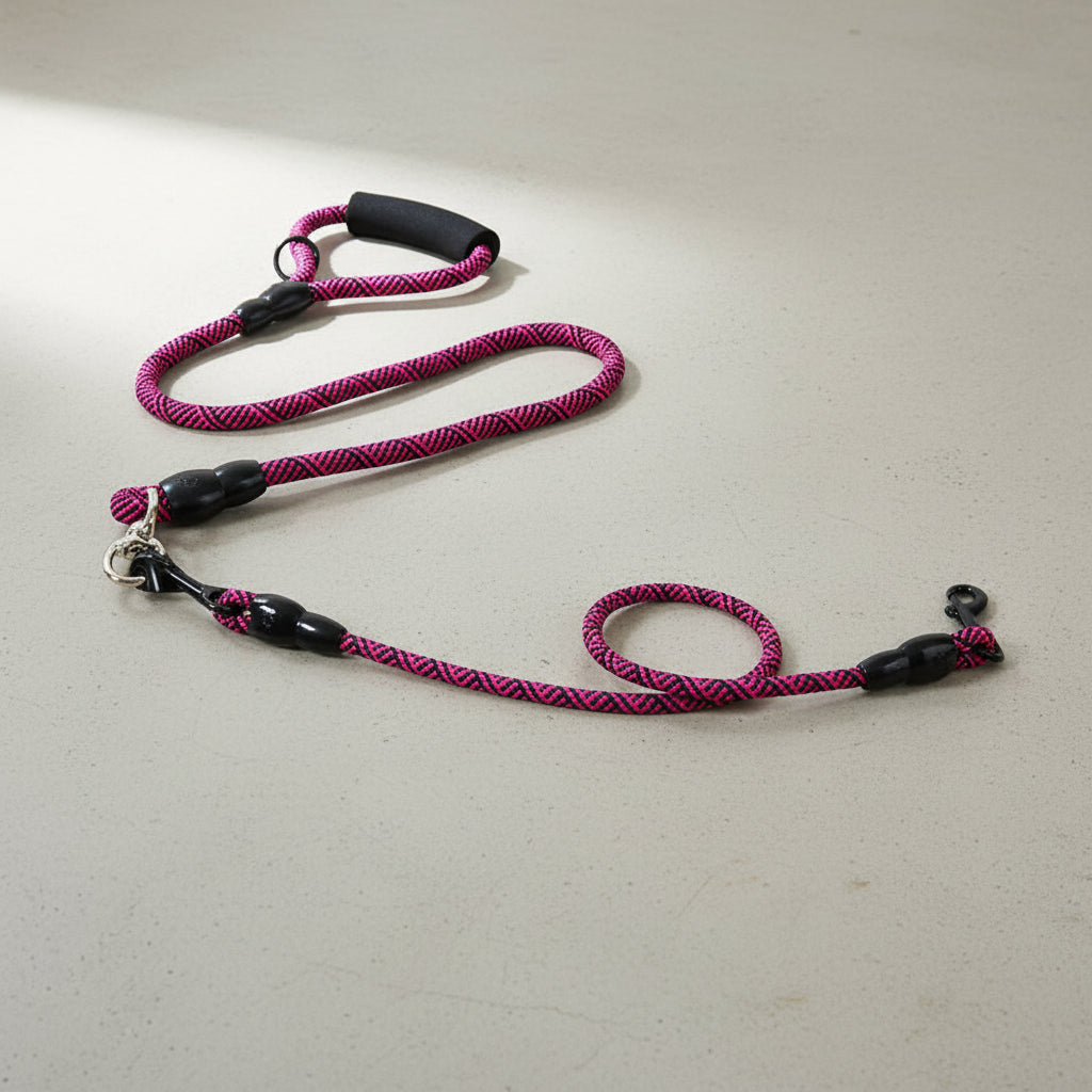 Laisse multi chiens rose anti-nœuds pour promener jusqu’à 3 chiens.