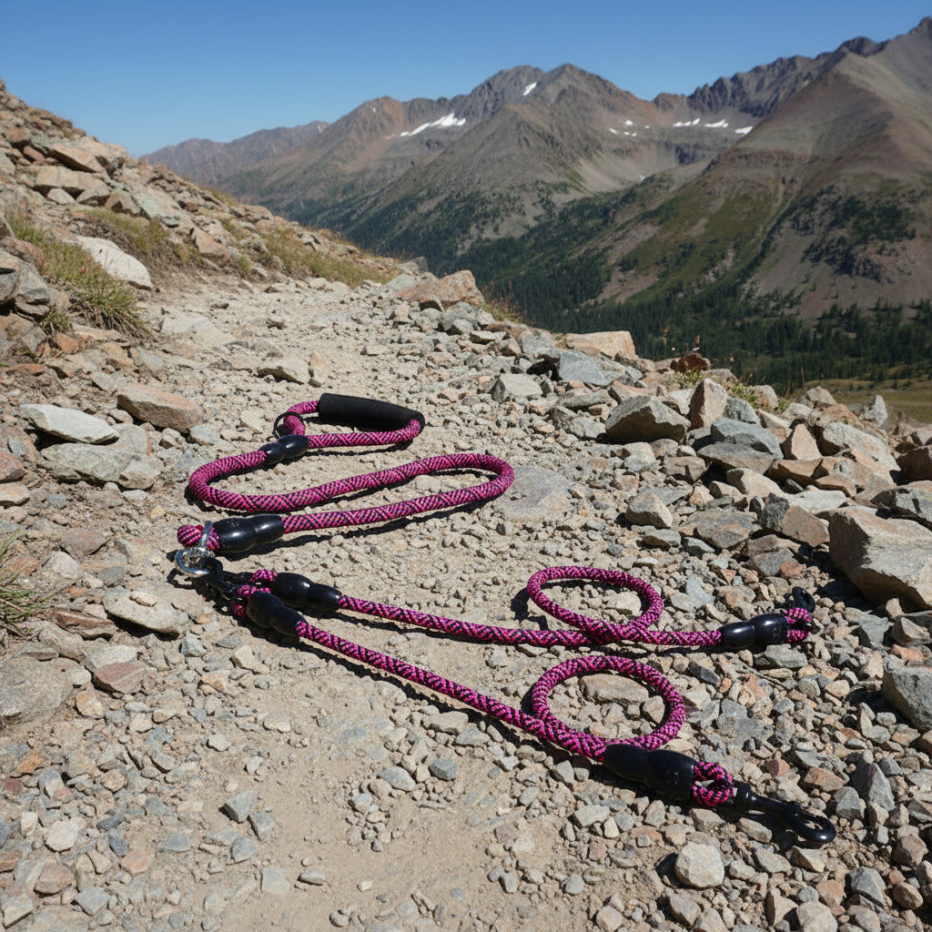 Laisse multi chiens rose KAIRO Pets utilisée en randonnée sur terrain montagneux.