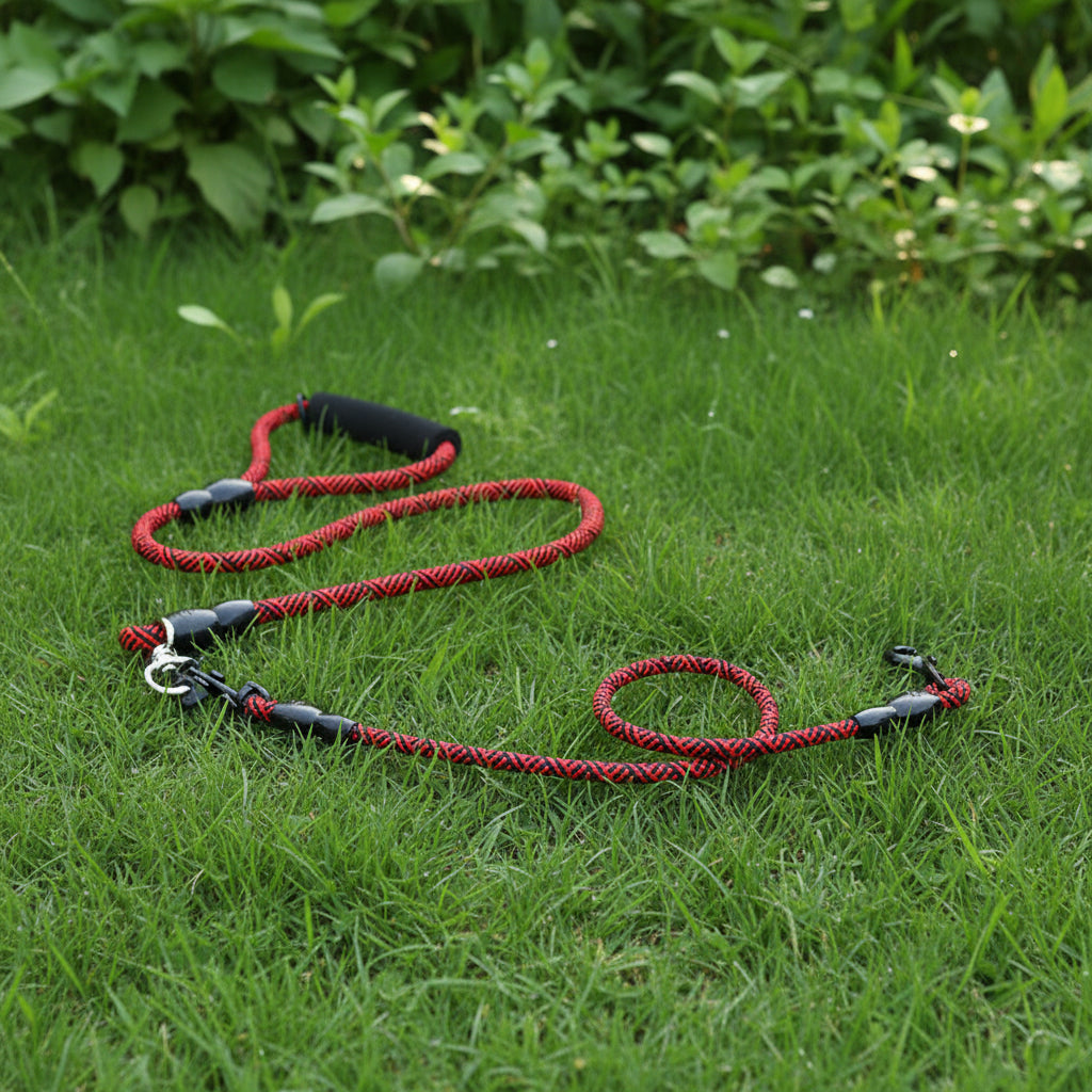 Laisse multi chiens rouge en corde renforcée avec poignée confortable.