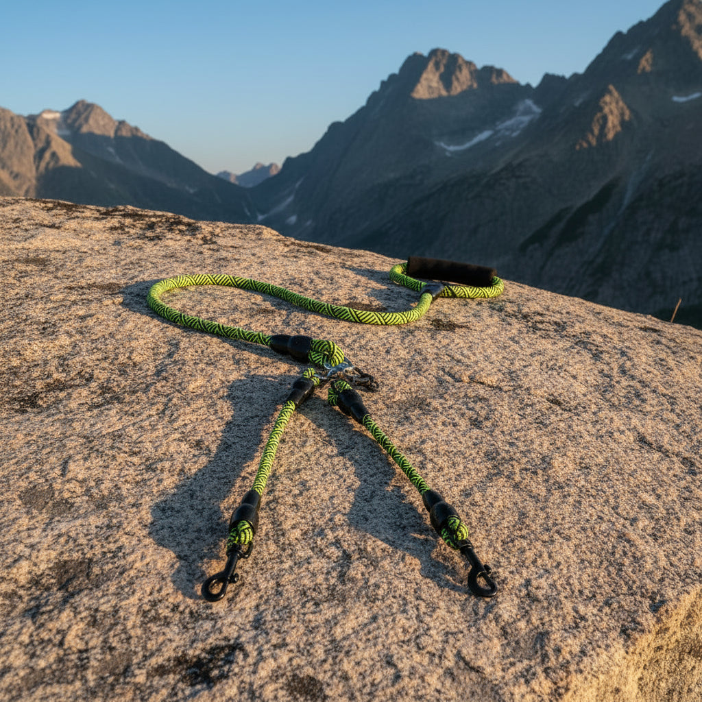 Laisse multi chiens vert fluo avec séparateurs pour promener deux chiens.