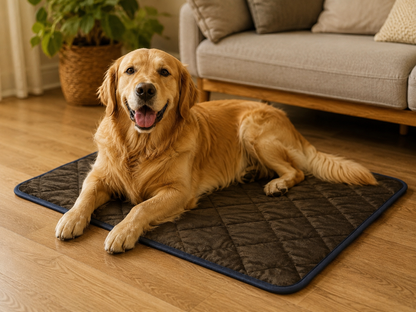 Tapis thermique marron sur lequel est posé confortablement un chien dans le salon. 