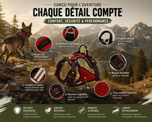 Infographie présentant les caractéristiques du harnais pour chien : respirant, réfléchissant, robuste, réglable et confortable.