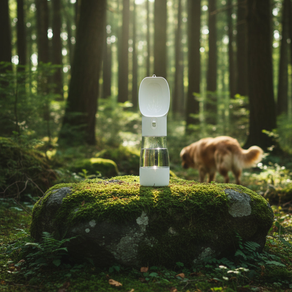 Gourde portable 2-en-1 blanche pour chien posée en forêt, parfaite pour hydrater votre compagnon en promenade.