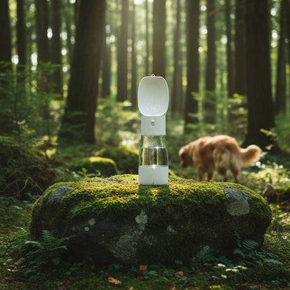 Gourde portable 2-en-1 blanche pour chien posée en forêt, parfaite pour hydrater votre compagnon en promenade.
