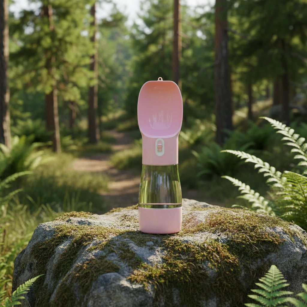Gourde portable 2-en-1 rose pour chien compacte et pratique pour les voyages, balades et randonnées.