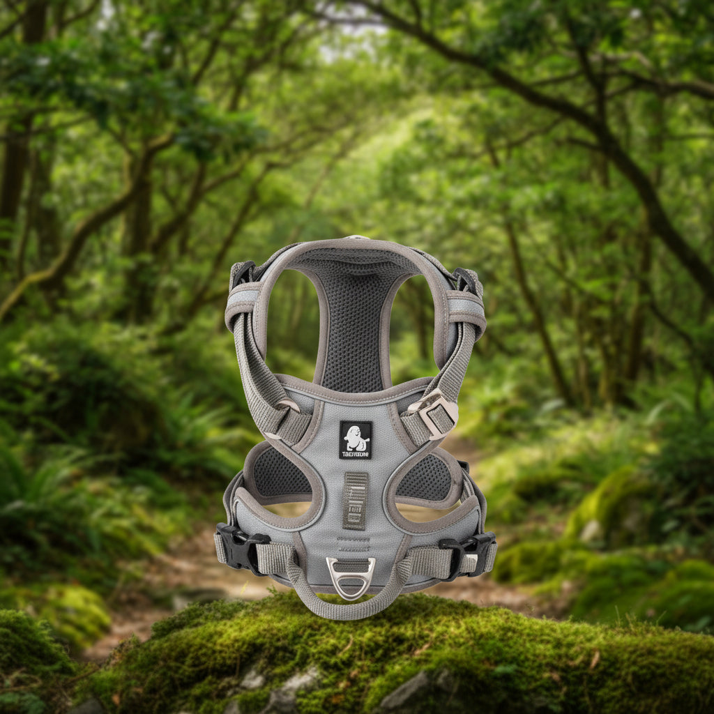 Harnais gris réfléchissant pour chien avec maintien ergonomique, tissu respirant et réglages multiples.