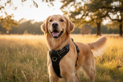 Golden Retriever portant un harnais réfléchissant respirant KAIRO Pets lors d’une promenade en plein air.