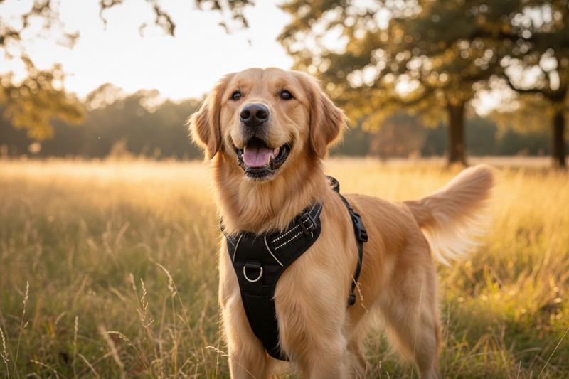 Golden Retriever portant un harnais réfléchissant respirant KAIRO Pets lors d’une promenade en plein air.