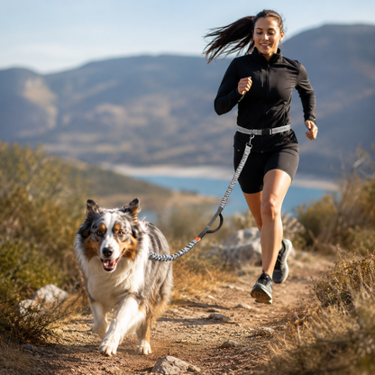 Femme courant avec son chien grâce à une laisse de course mains libres KAIRO Pets pour le canicross et le running.
