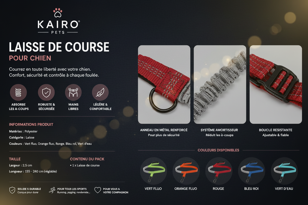 Caractéristiques de la laisse de course KAIRO Pets : système amortisseur, anneau renforcé, boucle sécurisée et plusieurs coloris disponibles.