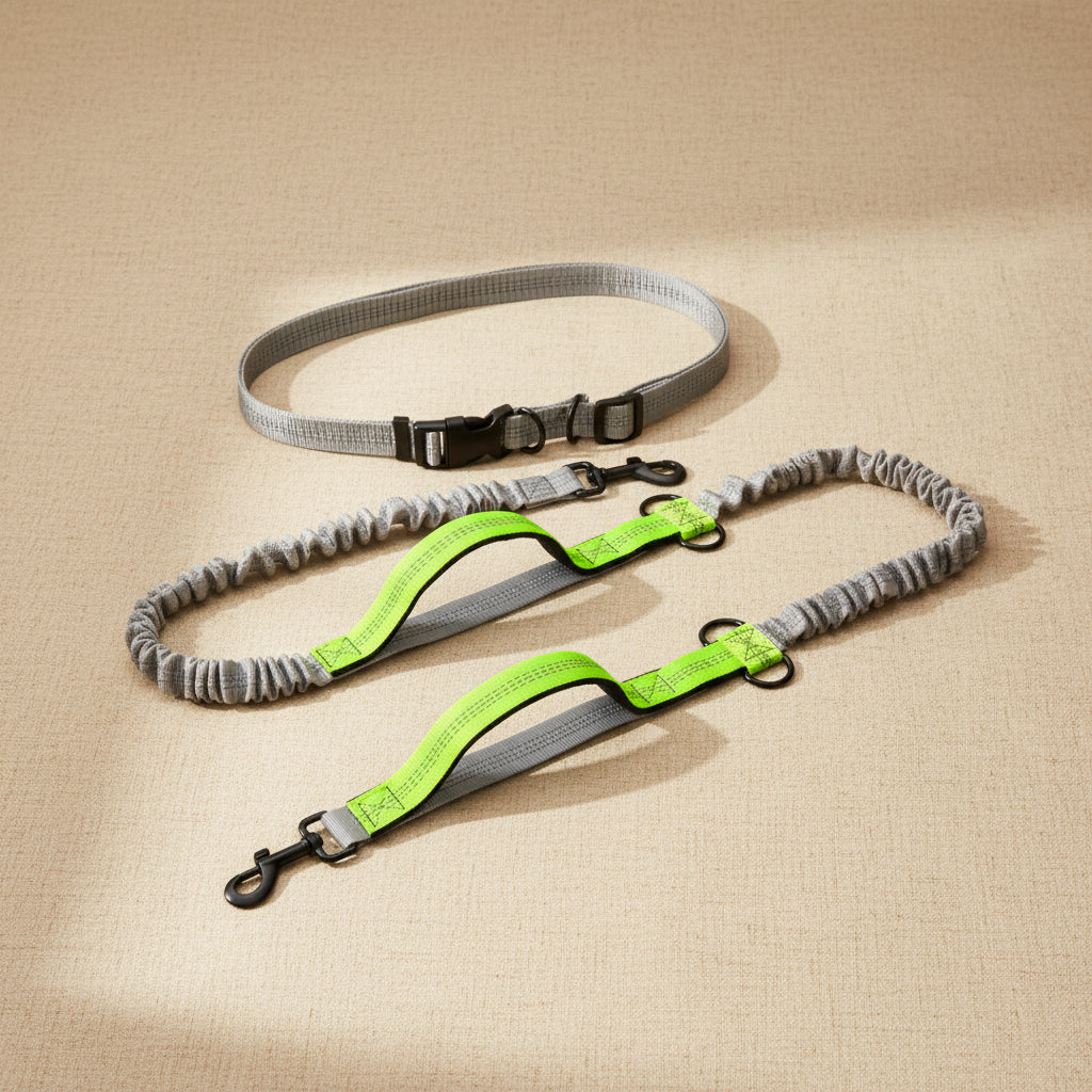 Laisse de course mains libres pour chien vert fluo avec système amortisseur et ceinture de canicross.