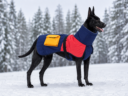 Chien portant un manteau imperméable hiver bleu, rouge et jaune pour promenade par temps froid et neige