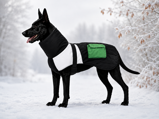 Chien portant un manteau imperméable hiver noir, blanc et vert offrant chaleur, confort et protection contre le froid